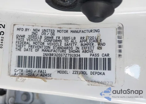 2007 Toyota Corolla Ce z USA, uszkodzony, nr VIN 1NXBR32E67Z791934